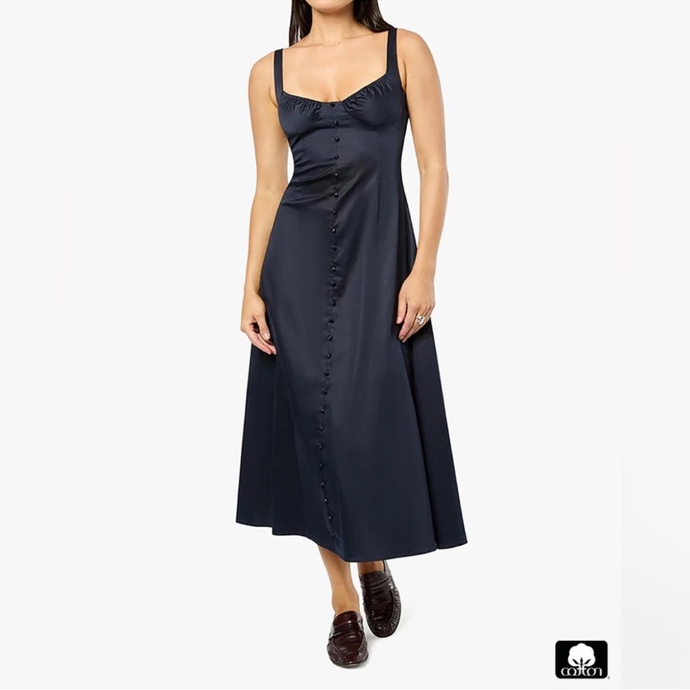 NWT WEWOREWHAT Ruched Cup Button Midi Dress Poplin Navy Women’s Size 12 6572